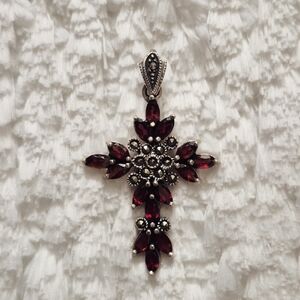 Vintage Sterling Silver Garnet & Marcasite Cross Pendant